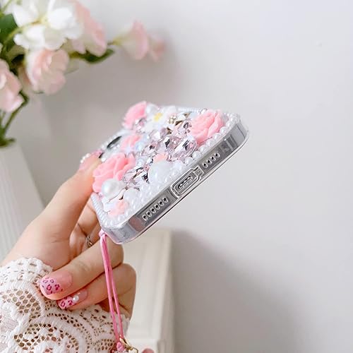 Miniatura 4 de Threesee Funda con purpurina para iPhone 15 Pro, con diamantes de imitación brillantes con diamantes de imitación y flores de perlas para mujeres y