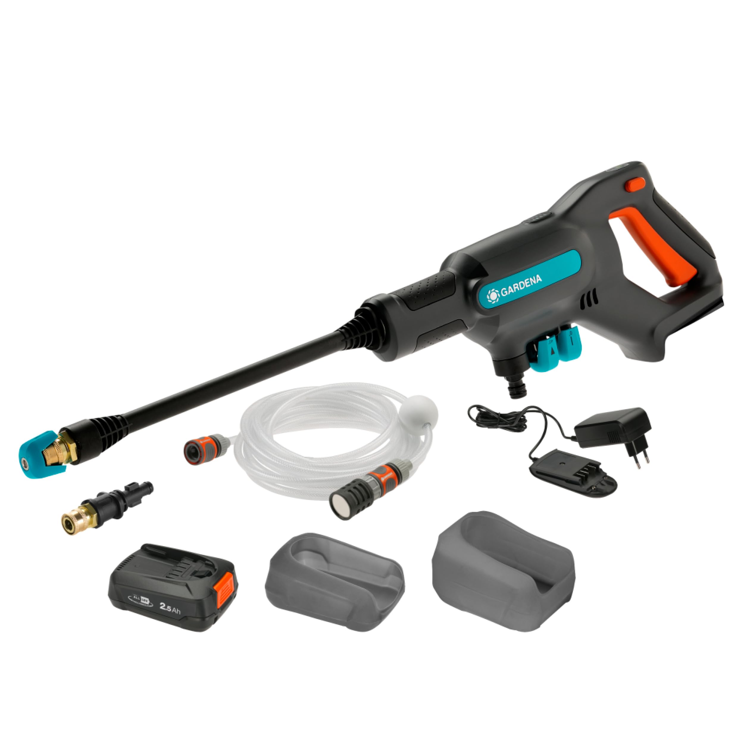 Gardena Hidrolimpiadora a presión media AquaClean 24/18V P4A Premium Set: Accesorios adicionales, Presión de agua ajustable, Accesorios de tobera, 3 modos de limpieza, Sin cable (14800-31)