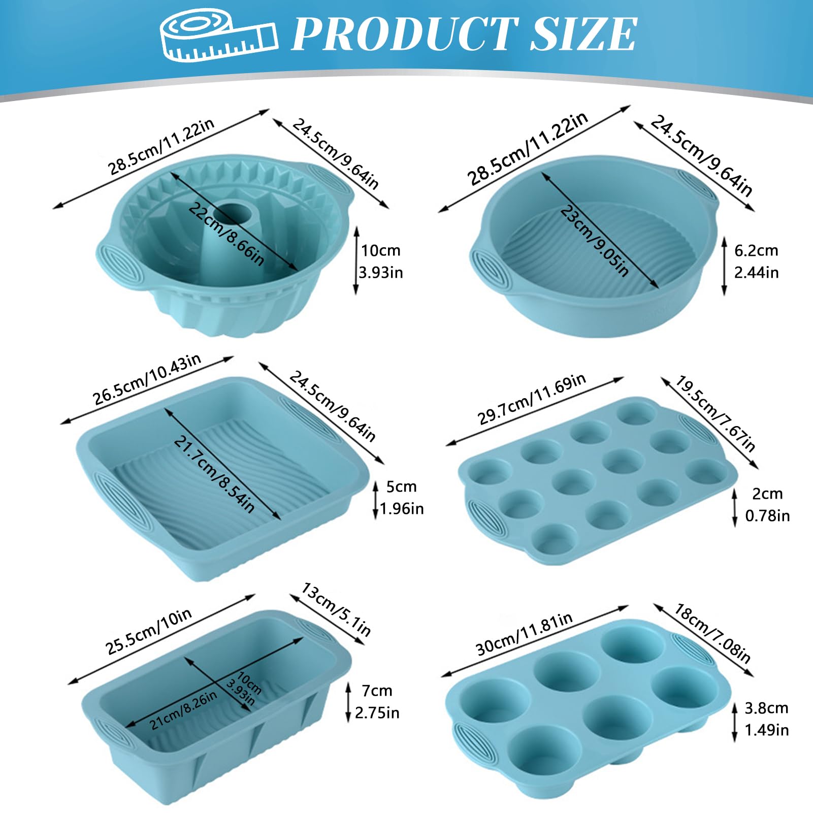 Juego de 6 moldes de silicona antiadherentes para hornear, moldes de silicona antiadherentes, moldes de silicona para hornear, molde para magdalenas, bandeja para hornear (azul)