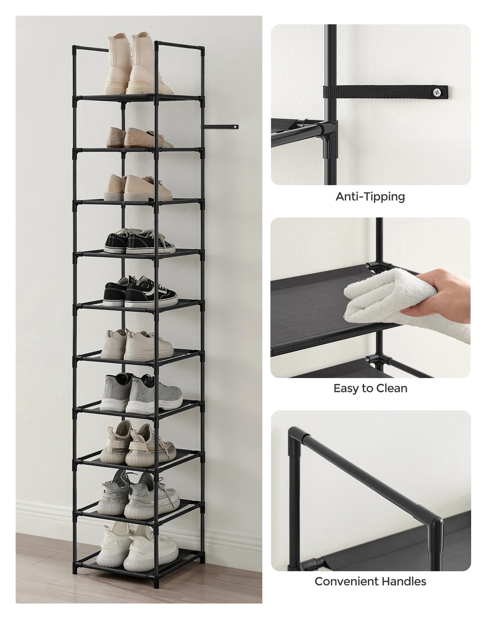 10-Tier Shoe Rack Stand 33x173cm Space Saving Metal