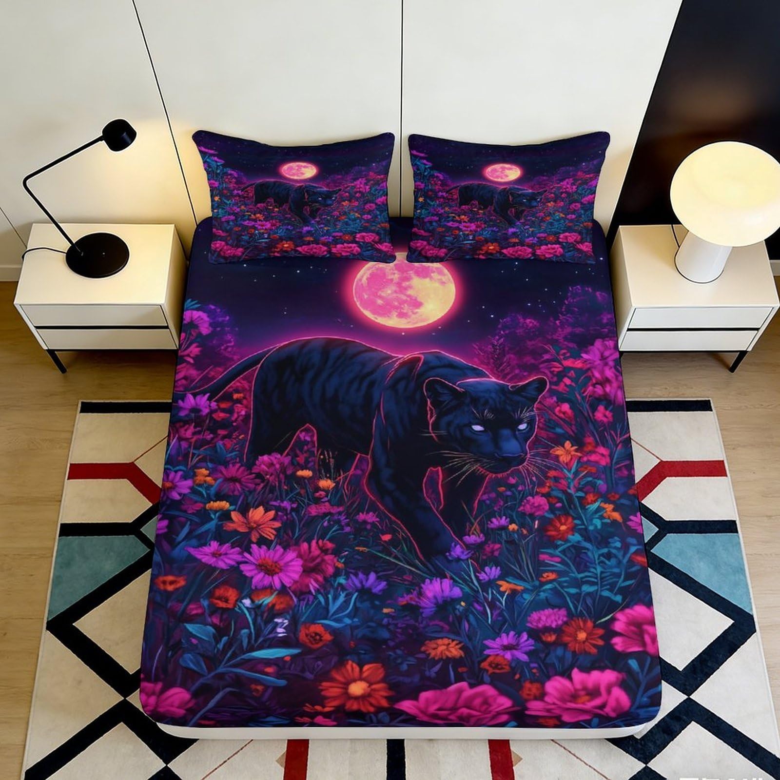 3D Printed Panther Moon Fitted Sheet Microfiber Vibrant Floral Mattress Cover for Bedroom Guest Room Decor 200x200x25cm