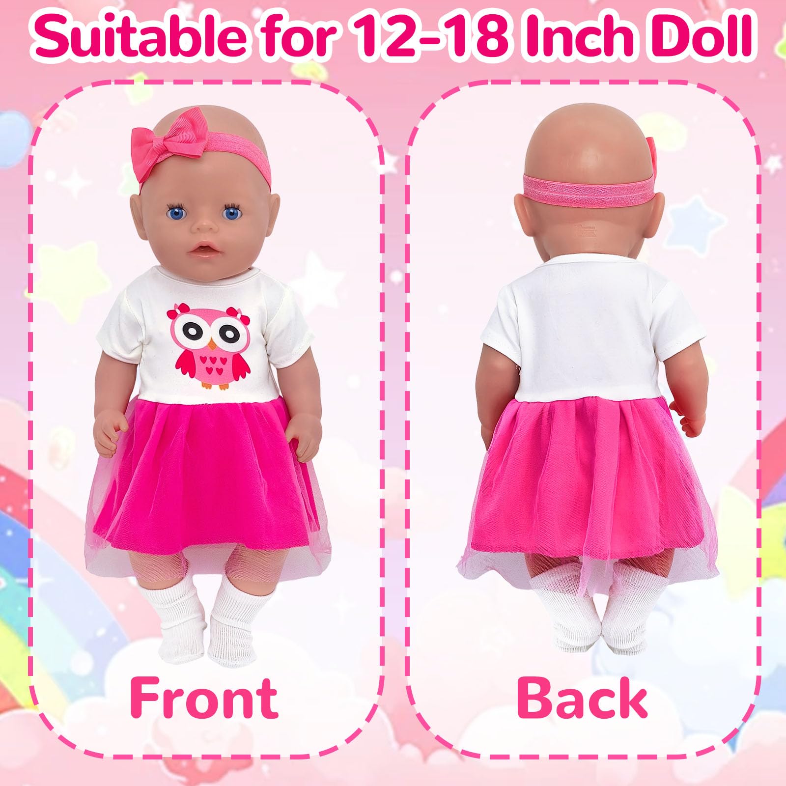 6 sztuk ubrań dla lalek 35-43 cm, elementy zwierzęce, 2 ozdoby do włosów z kokardką, 1 spódnica, 1 zawieszka w kształcie sowy, 1 para skarpet, 1 wieszak na ubrania, zestaw ubrań dla lalek dla