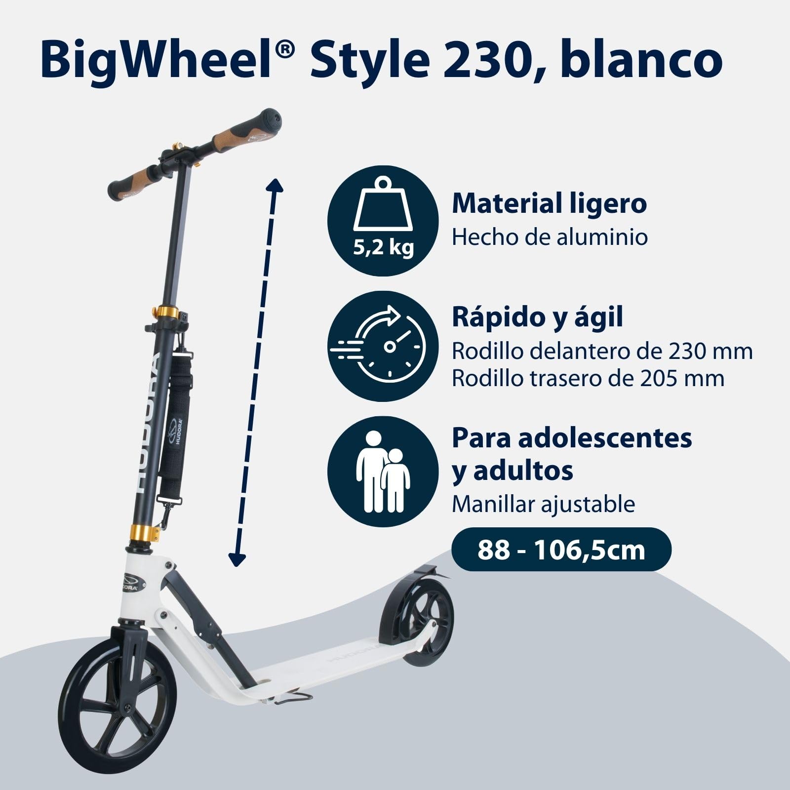 HUDORA Scooter BigWheel Style 230 - Patín de Aluminio Estable con Gran Superficie de pisada - Patinete Urbano Ajustable y Plegable para hasta 120kg - Patinetes para jóvenes y Adultos