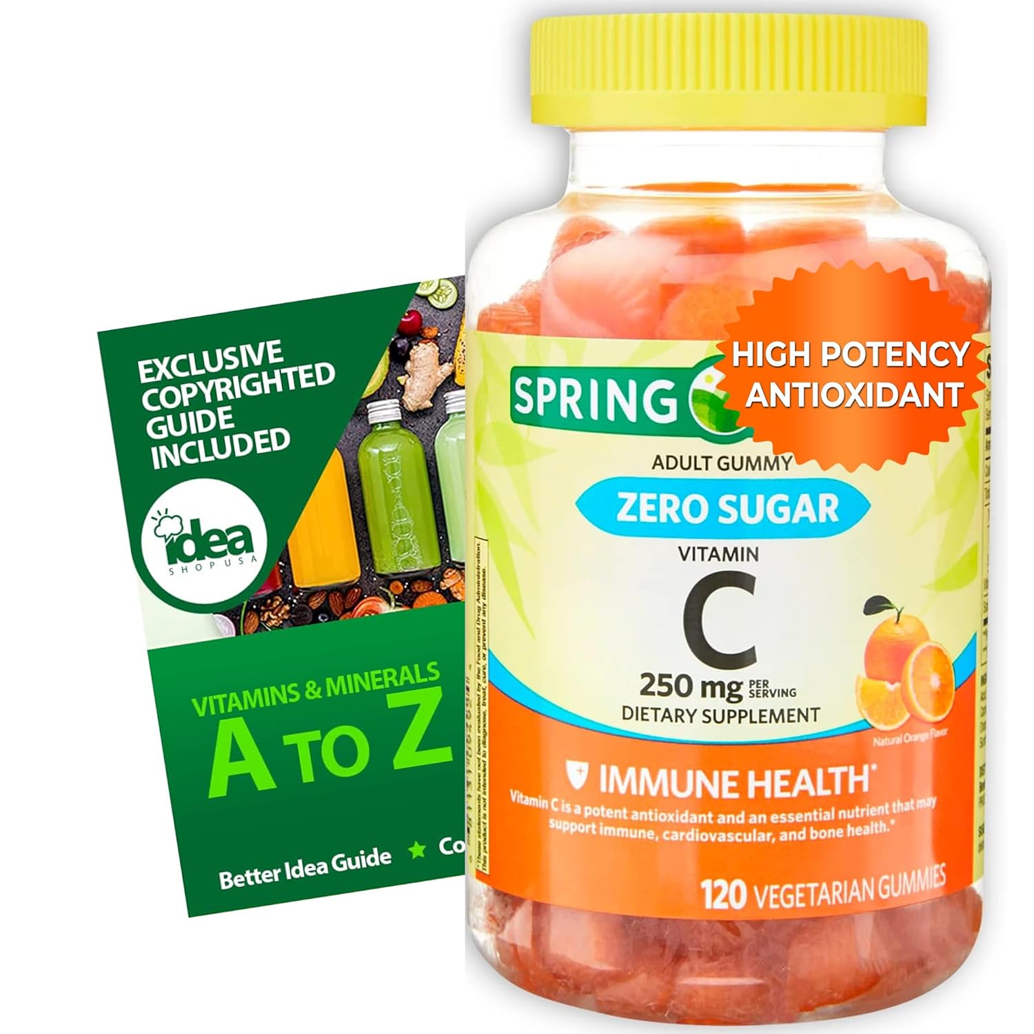 Gomas de Vitamina C 250 mg, Zero Açúcar, 120 Contagem – Suporte à Saúde Imunológica com Sabor Natural de Laranja – Suplemento Vegetariano e Sem Glúten + Guia Melhor Ideia Incluído