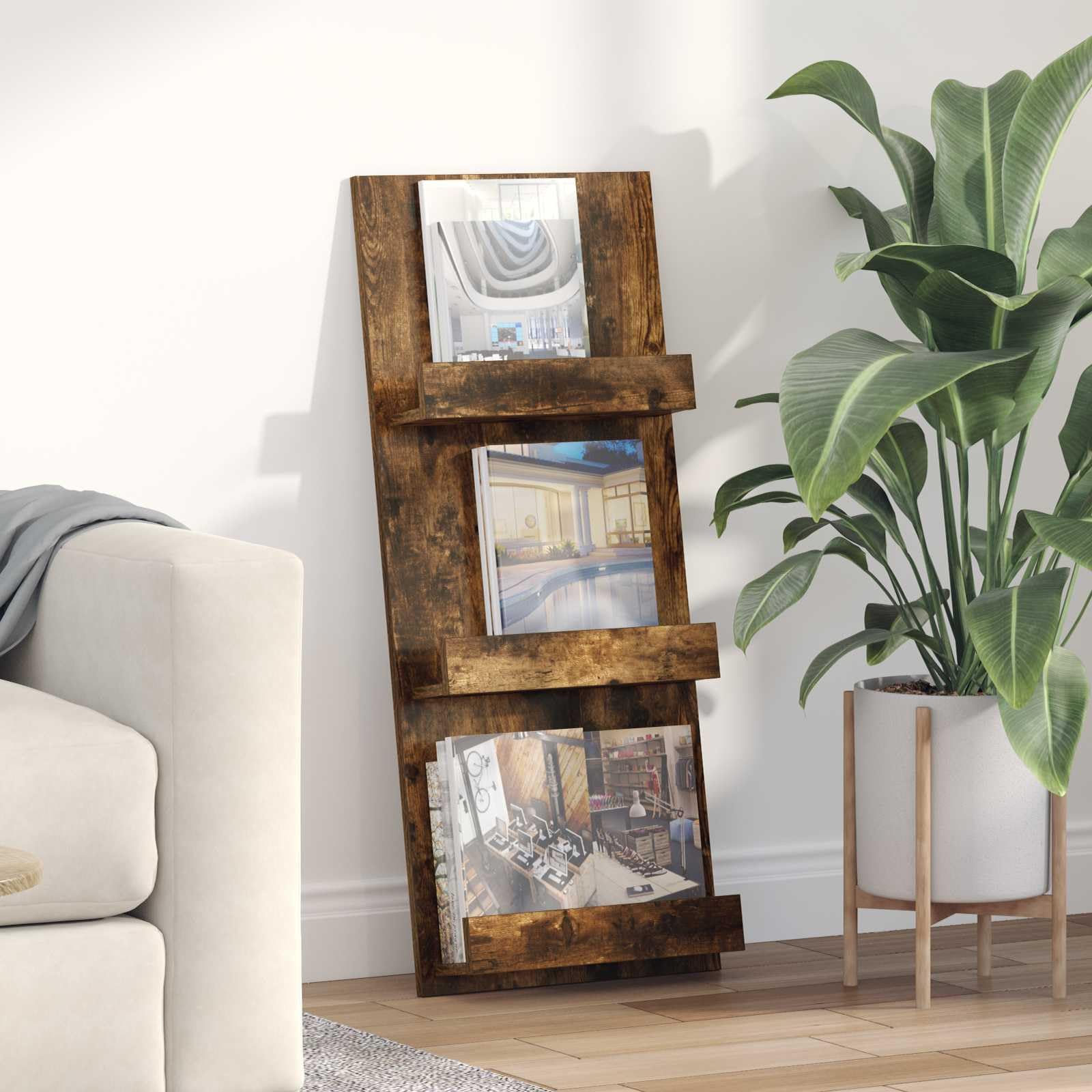 Mangloder - Portariviste in rovere affumicato, 43 x 11 x 102 cm, con 3 ripiani, portariviste e portariviste, per soggiorno, ufficio, angolo lettura e interni