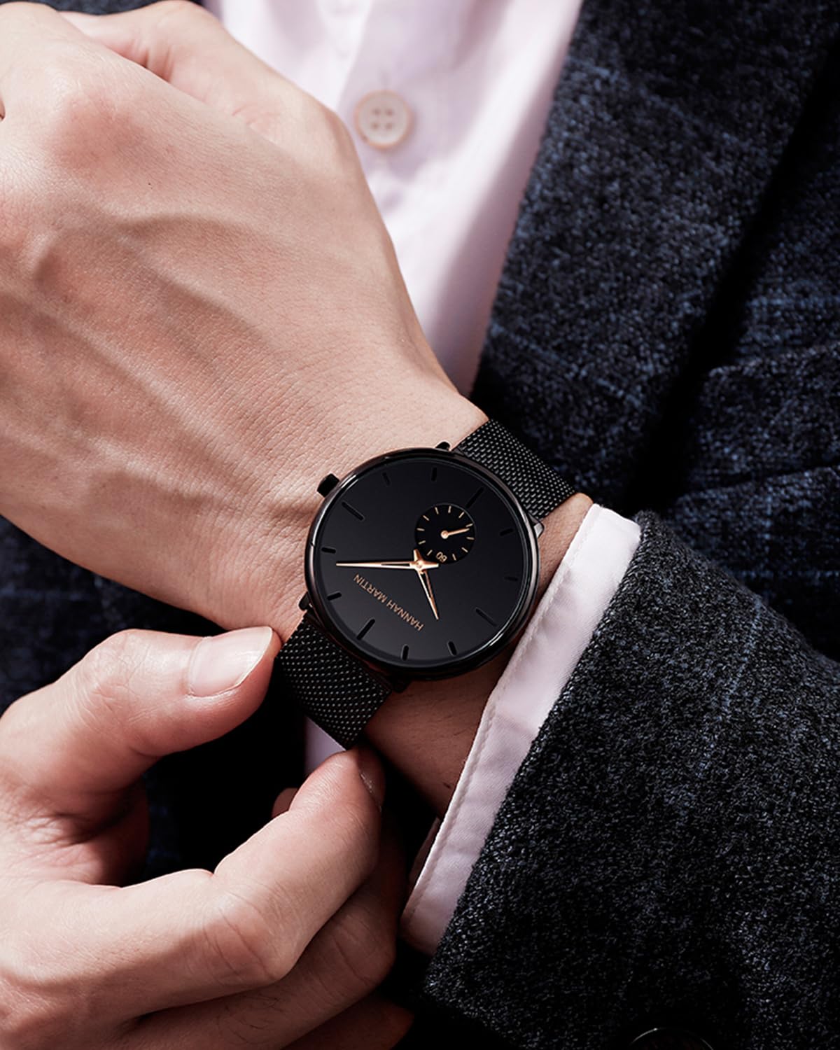 Orologio da polso da uomo, alla moda, nero, ultra sottile, minimalista, unisex, con cinturino in maglia in acciaio inox