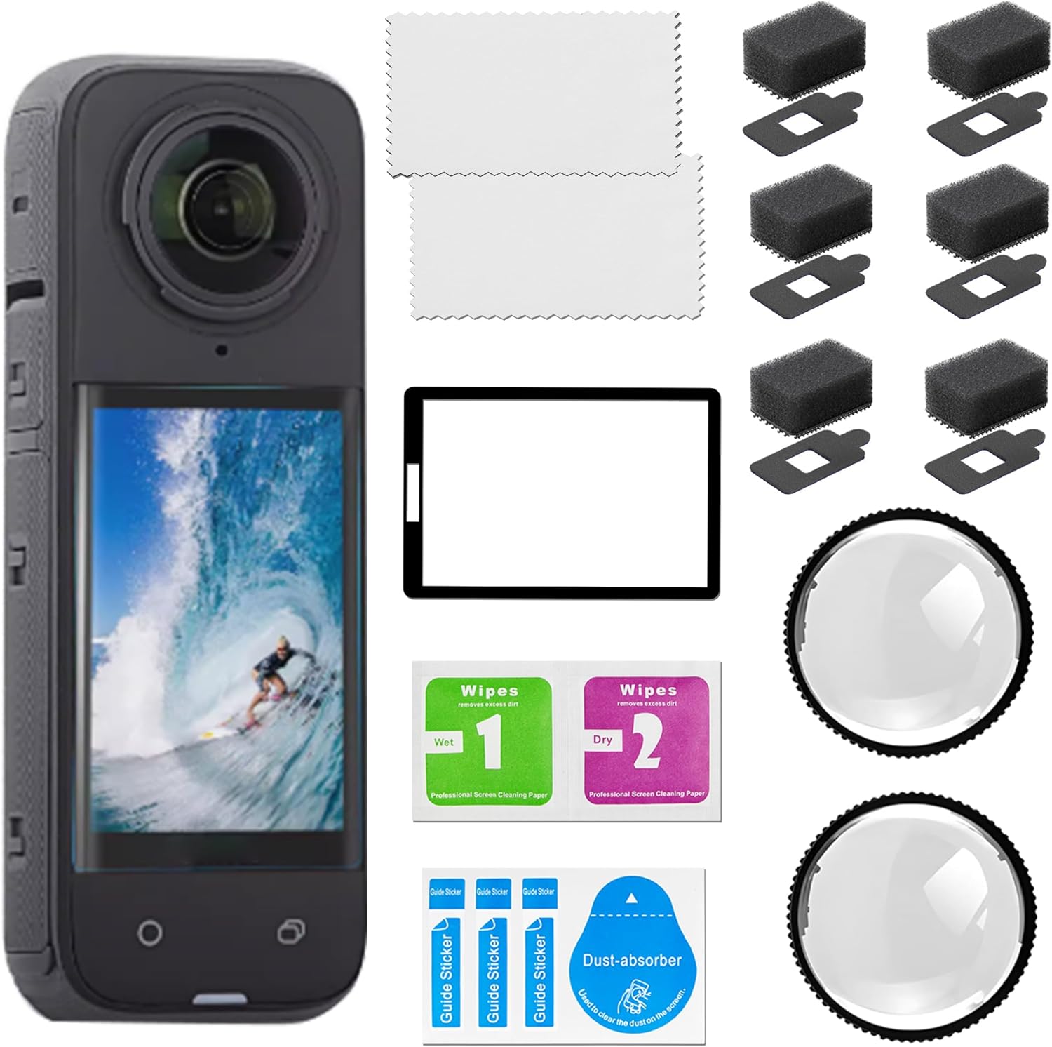 Tempered Glass Screen Protector for Insta360 X4 with Lens Guard and Foam Mic Wind Muff for Noise Reduction
