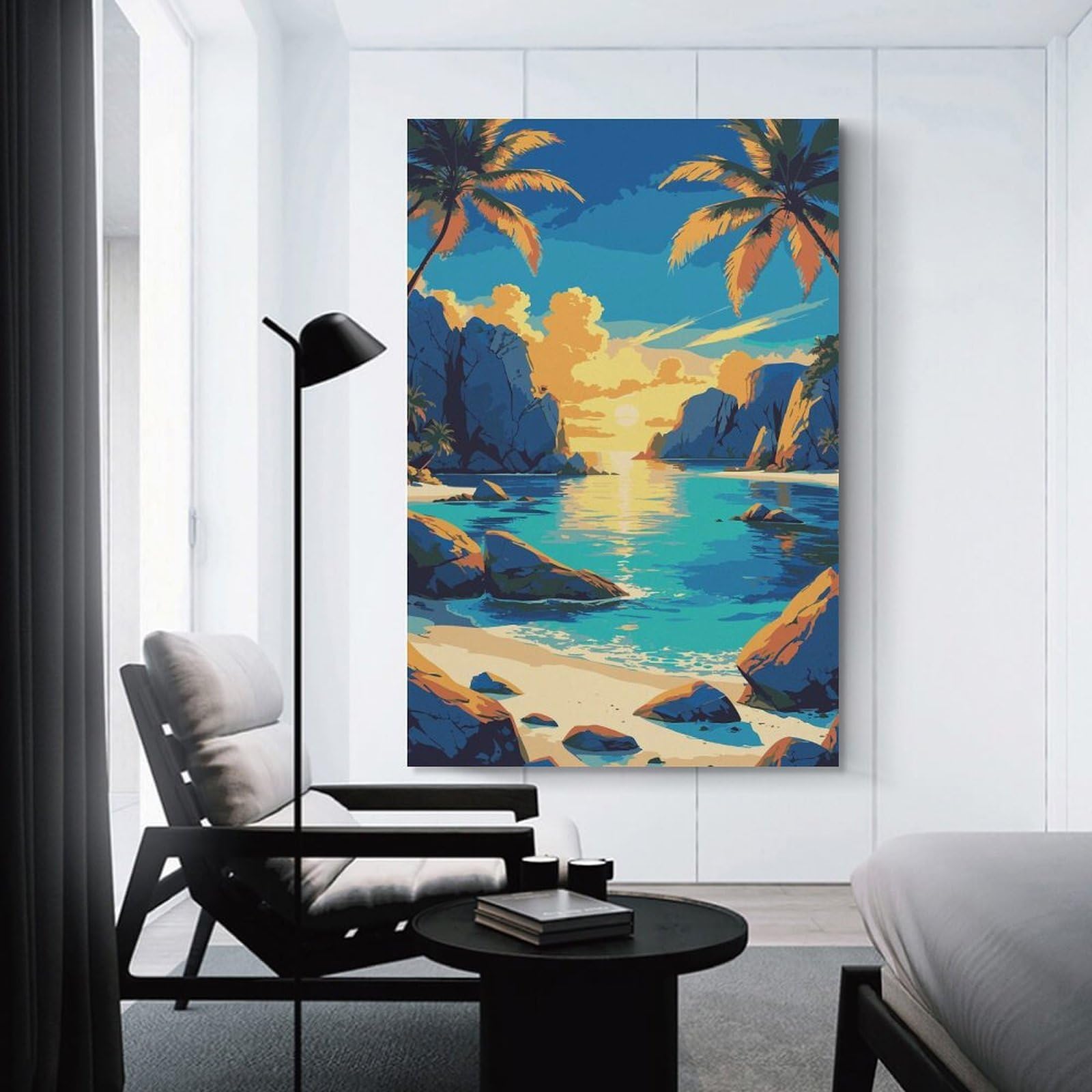 Junmoney Tropical Beach Sunset Illustration Canvas Art Print 12x18inch(30x45cm), for Bedroom Decor, Cosy Corners Or Studios, An Easy Wall Refresh for Bedrooms