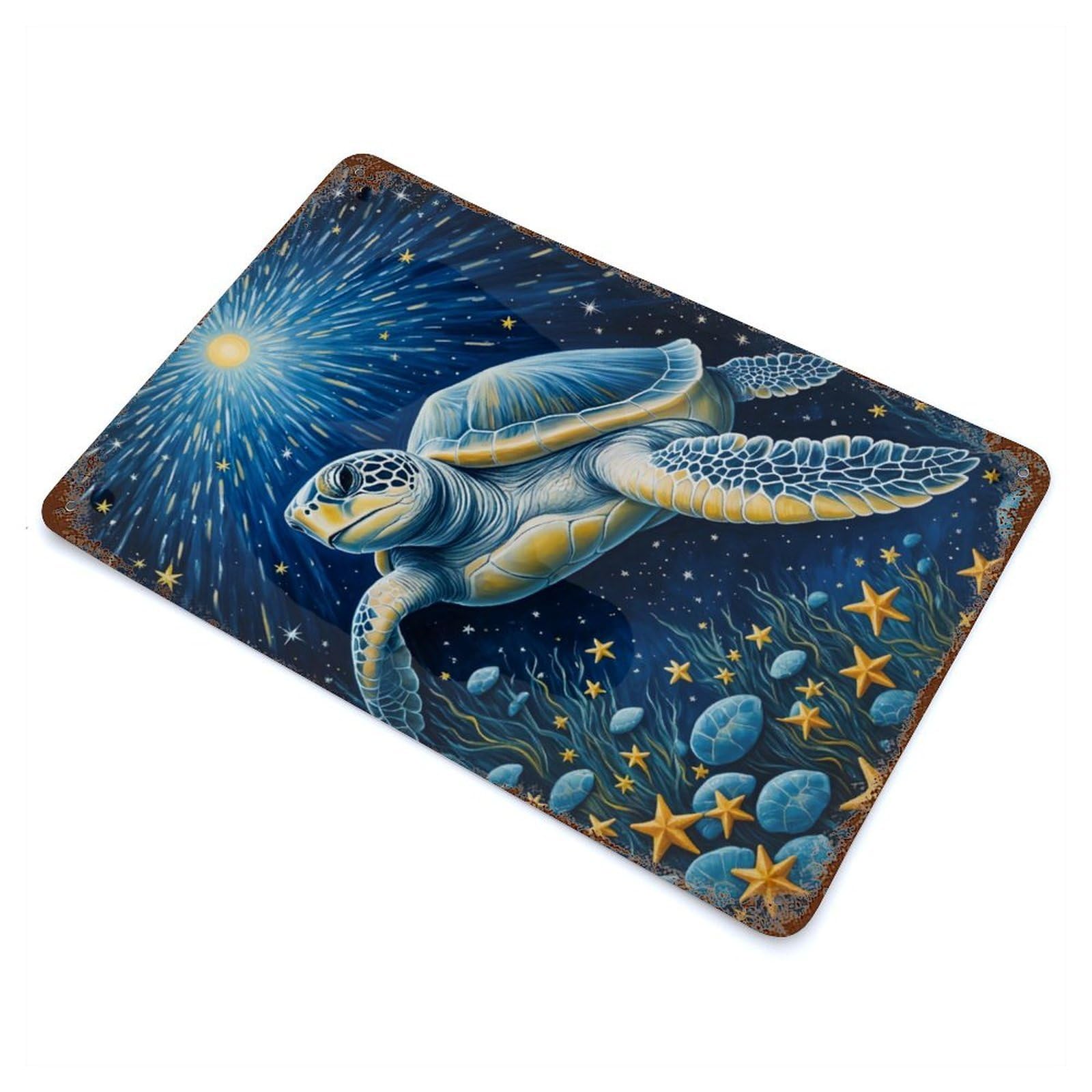 Garage Style Sea Turtle in Starry Night Weathered Tin Sign 11.8"x7.9", Classic Wall Plaque for Bar And Workshop