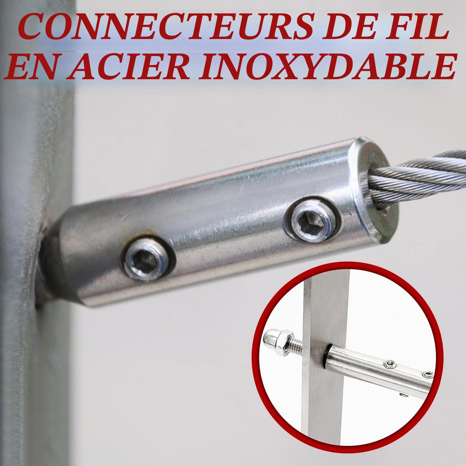 Serre Cable Acier,Tendeur Cable Inox Trou Boulons en Serre Cables 4mm,4 Pièce Serre-Câbles Métallique avec M5 Hexagone Vis Clé,Fils Clips de Corde de Serrage pour Balustrade Fixation
