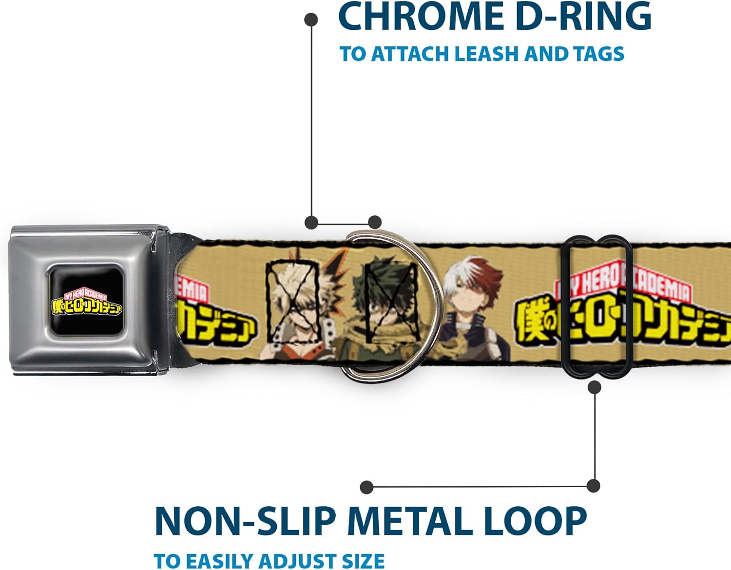 Crunchyroll Pet Collar, Dog Collar Metal Seatbelt Buckle, My Hero Academia Character Trio Pose and Title Logo Tan, 9.5 to 13 Inches 1.0 Inch Wide