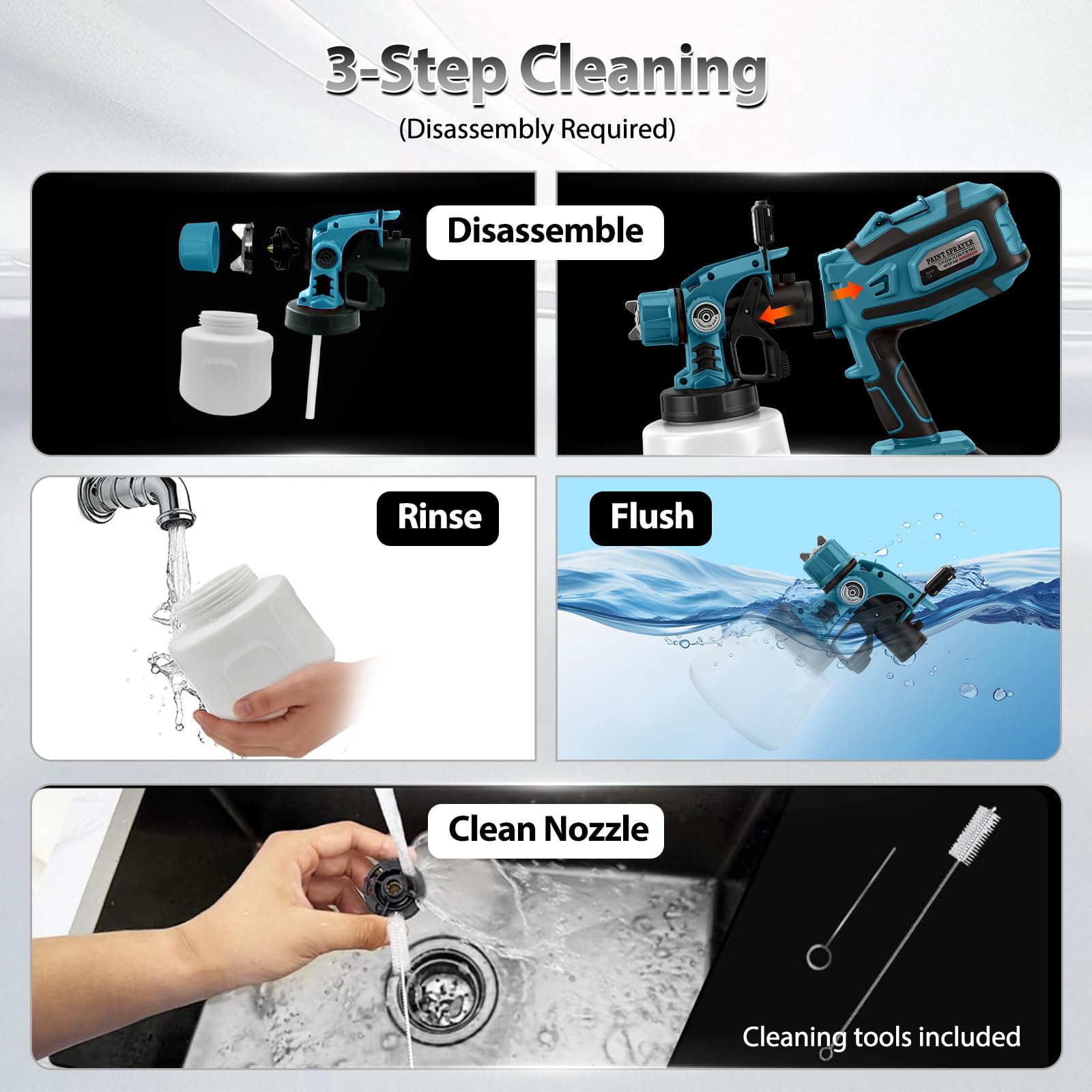 Pulverizador de Pintura Inalámbrico con LED para Makita 18V (sin batería) | 200W, Sistema de Pintura Eléctrico, Depósito 1,4L, 3 Patrones, 5 Boquillas, Cepillo, Guantes, Gafas