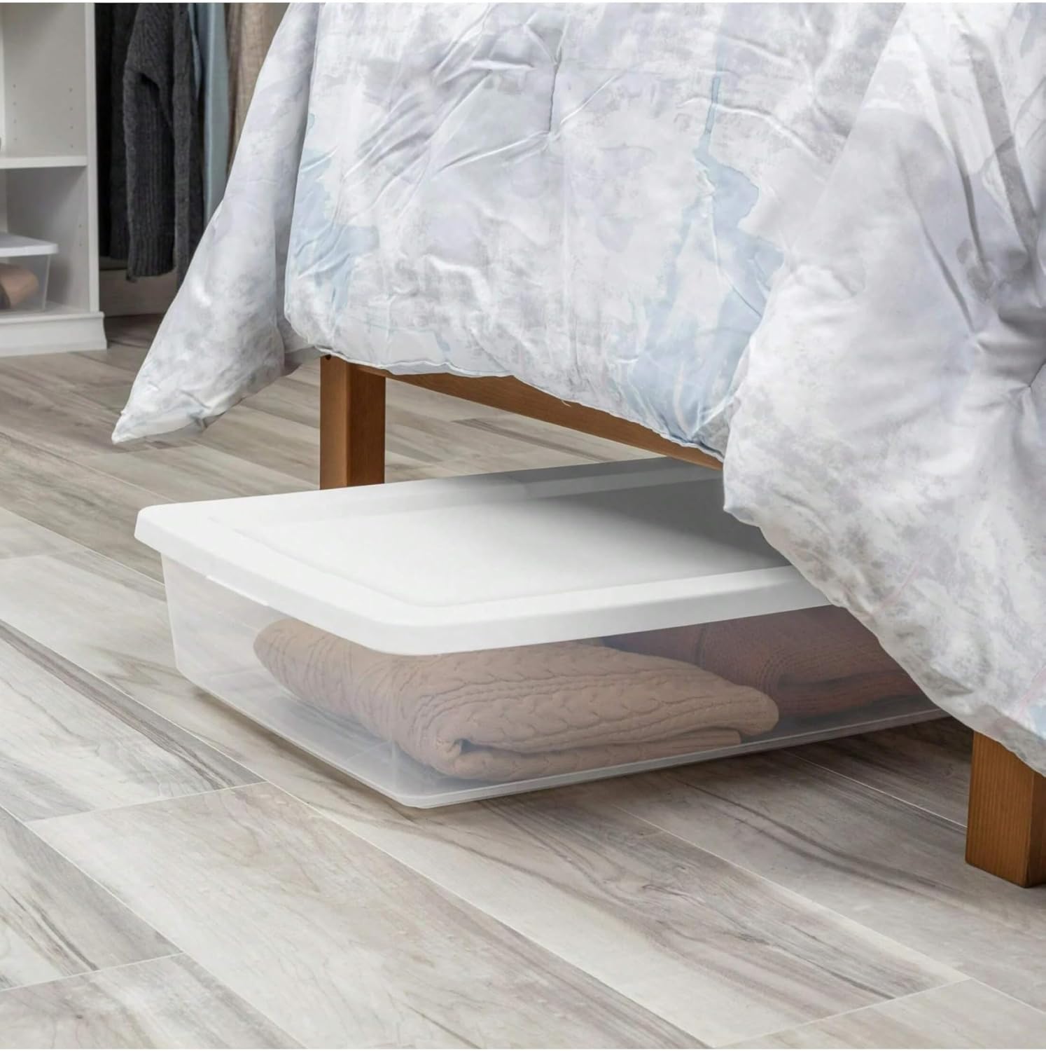 Under Bed Storage Bin with Lid,41 Quart Clear Plastic Container for Clothes Linens,29.5x18x6 Inch Stackable Organizer Box with Snap-On Cover,Transparent Underbed Design