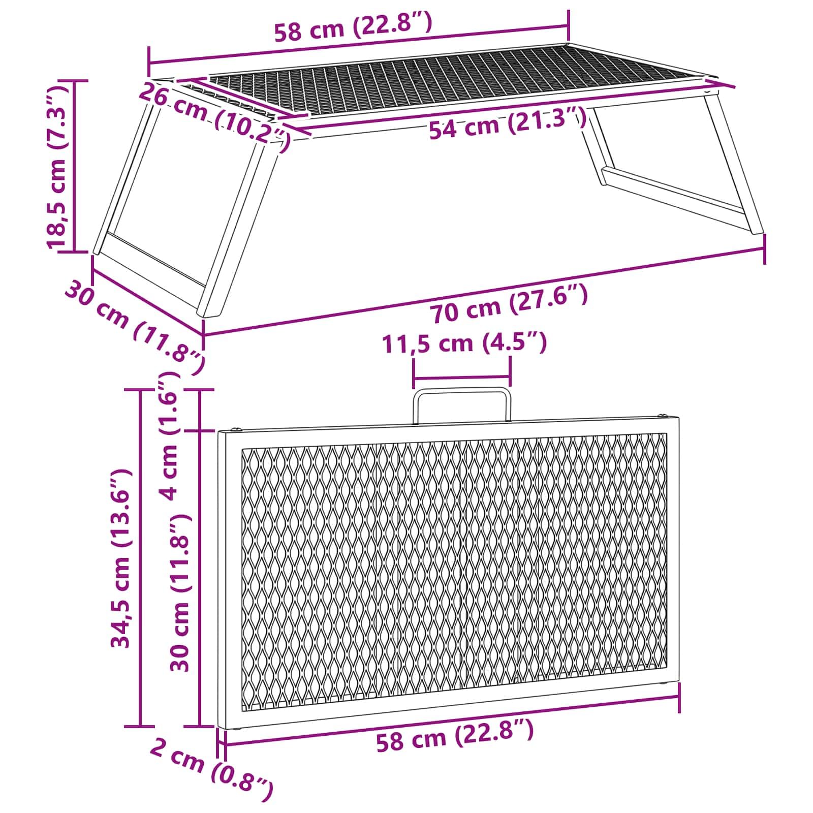 Składany grill kempingowy, czarny, 58 x 31 cm, ze stali stopowej, idealny do grillowania na świeżym powietrzu, na balkon, taras, kemping, smażenie ryb, warzyw, kanapek, steków, burgerów z