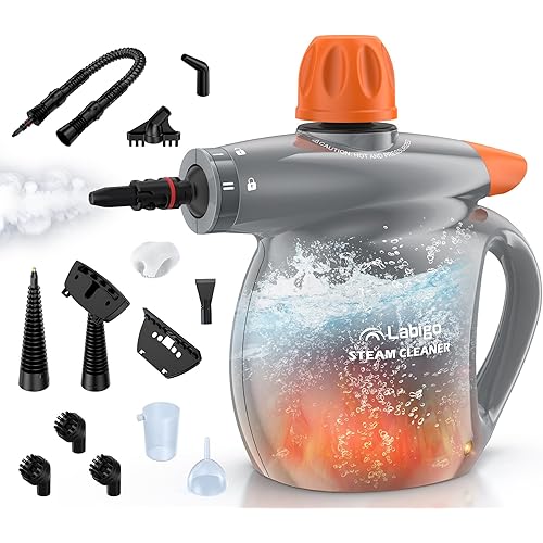 LABIGO Steam Cleaner, Pressurized Handheld 13pcs Multi-Purpose Natural Deep Cleaning Steamer, Portable Steamer for Cleaning Home, Grout, Kitchen, Car, Window, Upholstery, Bathroom and Clothes, Gray