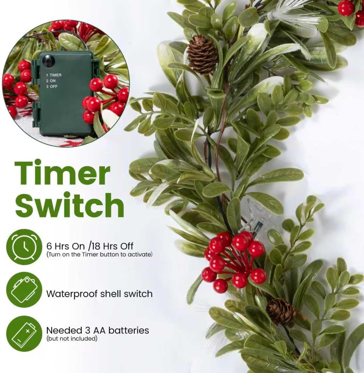 6.5FT Christmas Garland with Lights & Timer, 30 LED Pre-lit Greenery Olive Garland with Red Berry Pinecone, Battery Operated Lighted Garland for Fireplace Mantle Door Stairs Table Christmas Decoration - Image 3