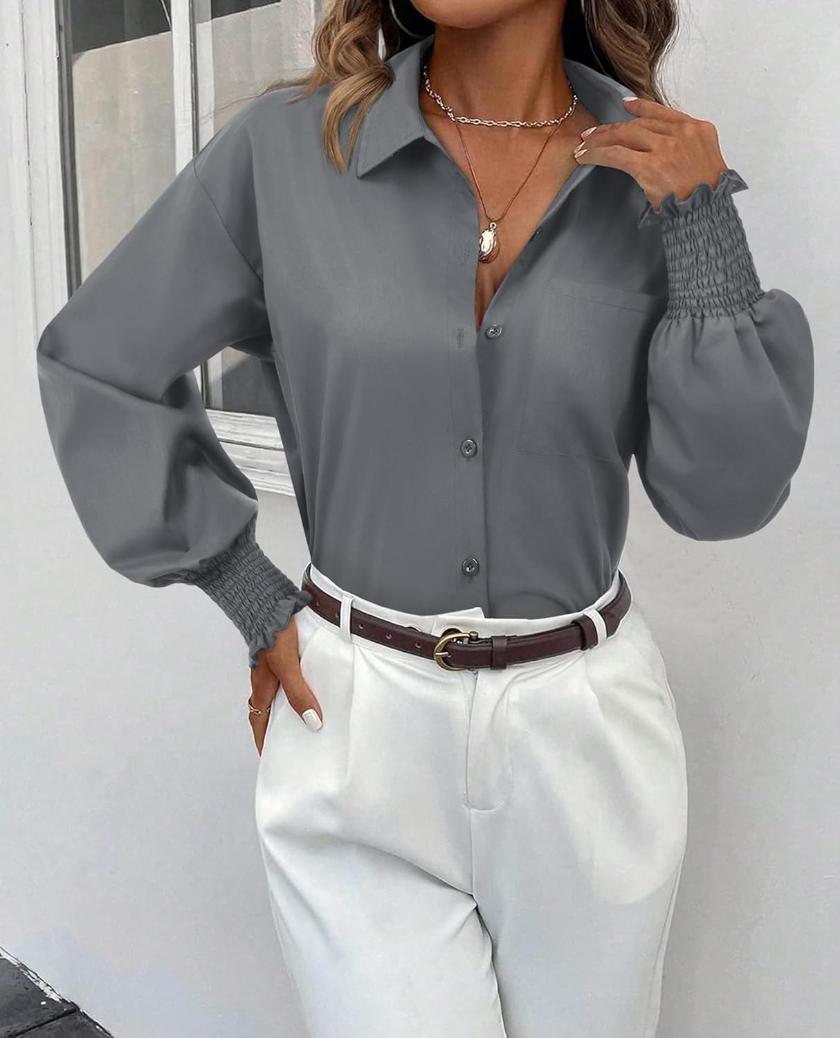 Womens Oversized Button Down Shirts Striped Smocked Cuff Long Sleeve Fall Blouses with Pocket Casual Collar Work Tops - Image 3
