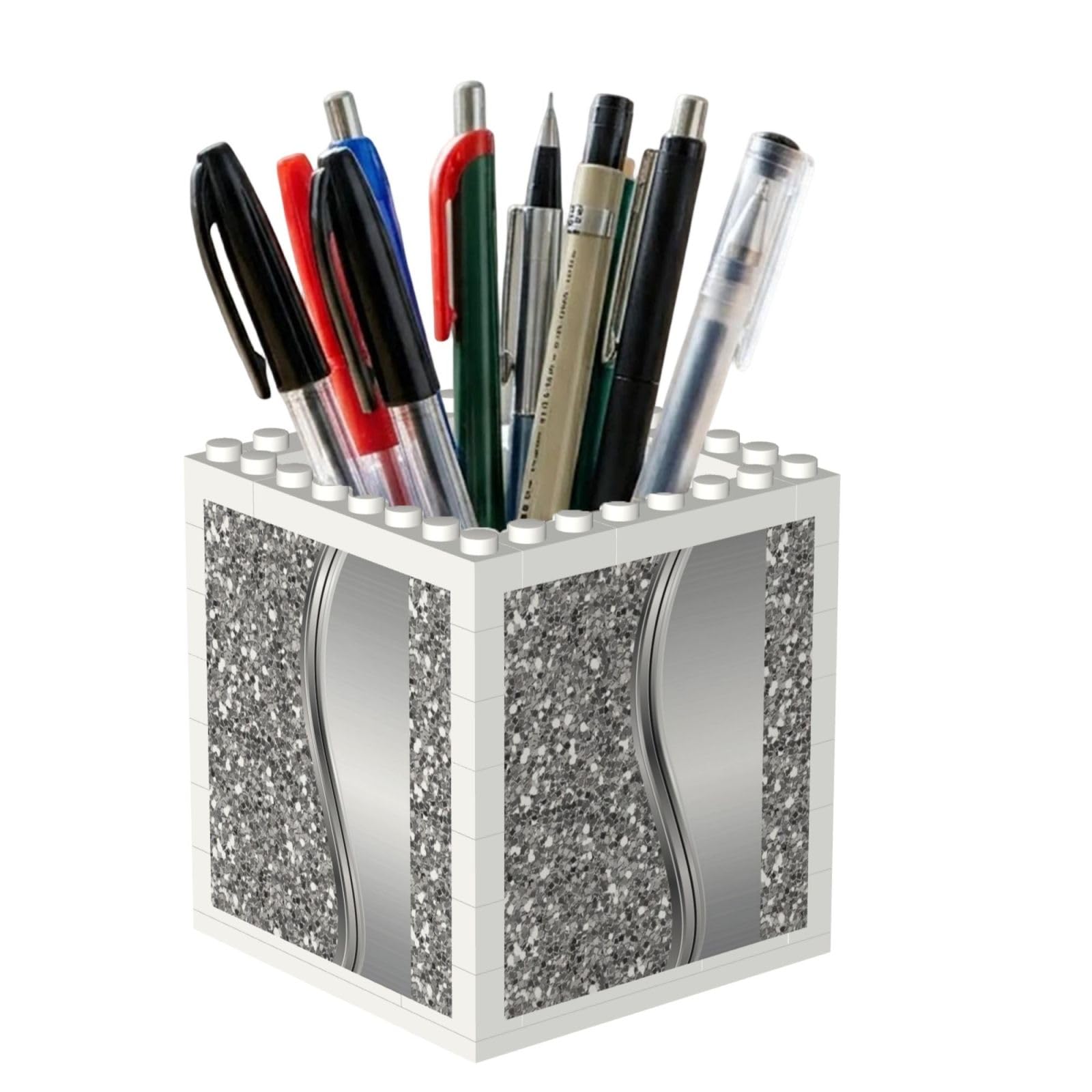 Poadnly Silver Faux Glitter Glam, Pen Pot Pencil Holder for Office Home School, Compact Desk Organiser for Office Stationery