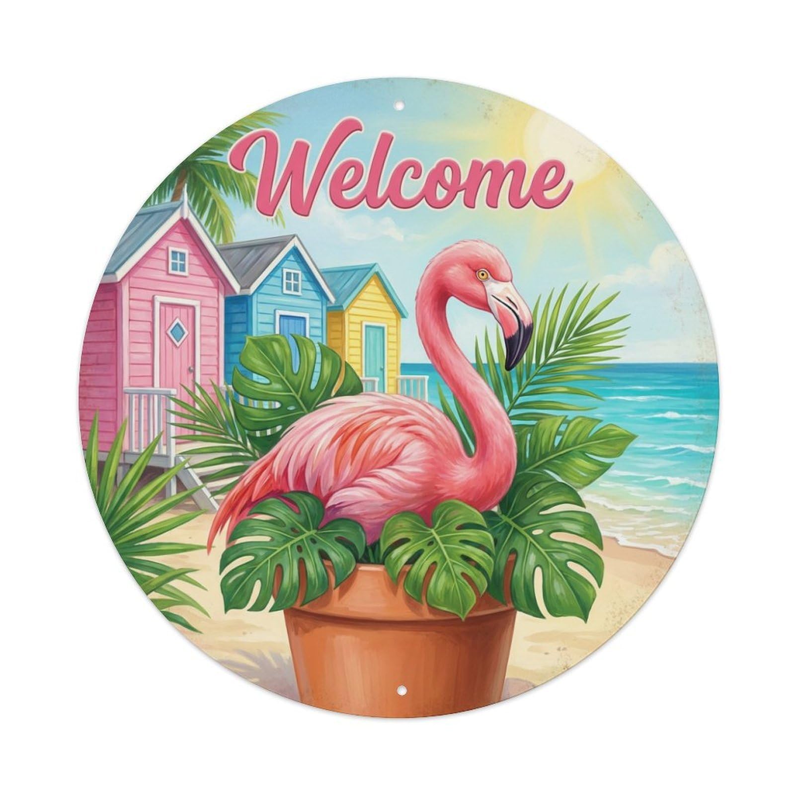 Metal Tin Sign Welcome Flamingo Beach Hut