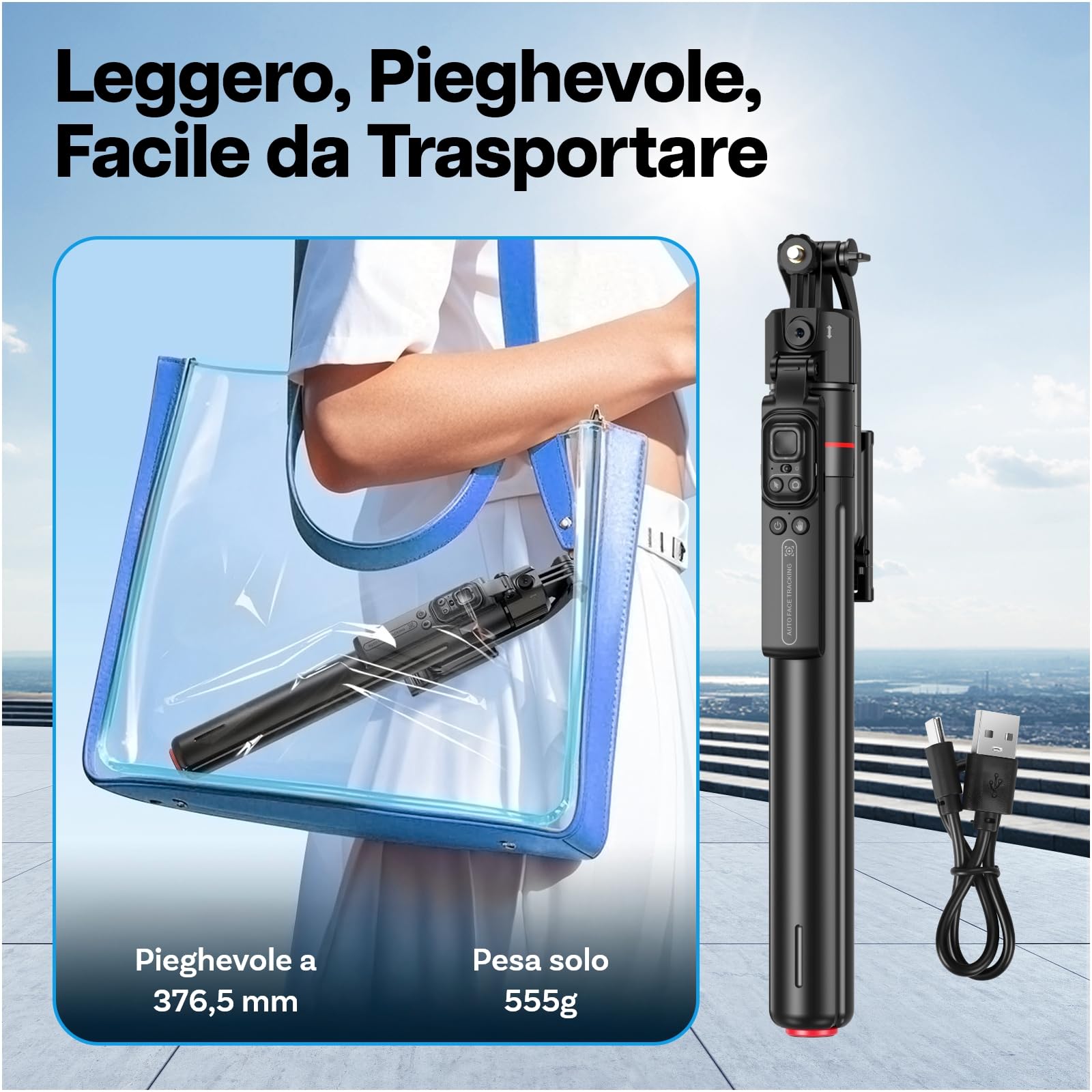 Treppiede per Tracciamento Automatico del Volto di MMOBIEL – 360° Rotazione AI con Controllo Gesti, Bluetooth 5.4 e Telecomando - Estendibile 1,76m, Treppiede Auto-Apertura per iPhone, Android, GoPro