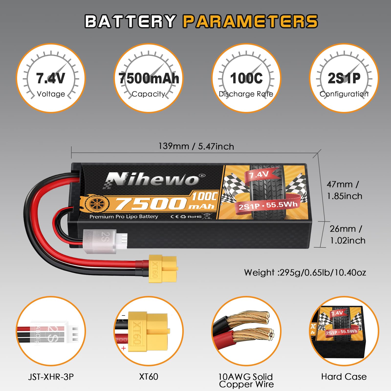 2Packs 2S Batterie Lipo, 7,4 V 7500 mAh RC Batterie 100 C Étui Rigide Lipos XT60 Connecteur Compatible avec 1/8 1/10 RC Voiture Camion Truggy Véhicules Réservoir Bateau Avion Modèles