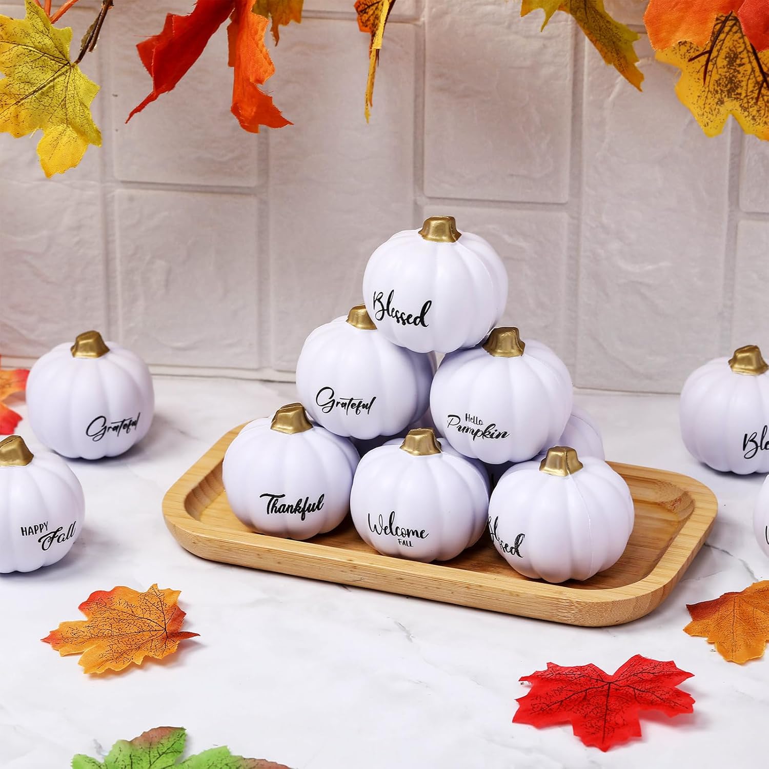 24 Pcs Thanksgiving Stress Balls Pumpkin Toys Bulk 2.48 Inch Fall Pumpkin Stress Relief Balls PU Foam Mini Pumpkins Squeeze Ball Fidget for Autumn Harvest Party Favors(White)
