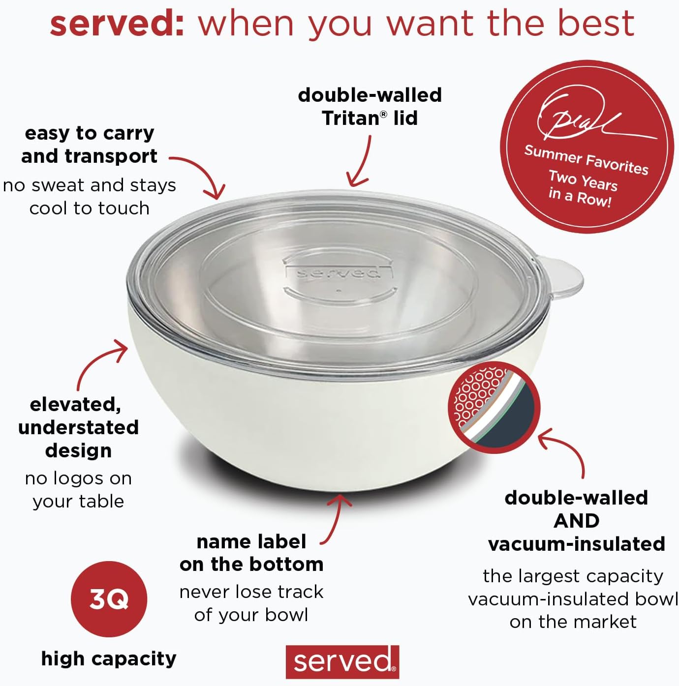 served Large Insulated Serving Bowl with Lid (100oz/3QT) - Double-Walled Stainless Steel Bowl for Hot & Cold Food - Vacuum Insulated, Spill-Resistant Thermal Bowl for Parties, Casseroles, Tailgates