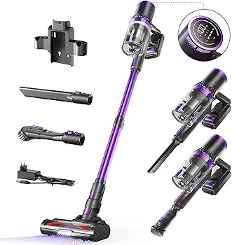 QEXREED Aspiradora Sin Cable 500W/ 45000pa/ 60mins, Motor sin escobillas Duradero, Modo Automático Aspiradora Escoba Sin Cable, Filetr De 7 Etapas, V Rodillo Anti-ángulo, Batería Extraíble