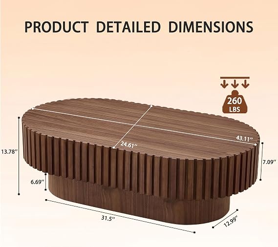 Oval Coffee Table, Mid Century Modern Fluted Living Room Tables with Pedestal, Classic Wood Coffee Table for Living Room, Bedroom, Apartment, Office, Small Space, 43.1 Walnut