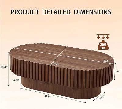 Oval Coffee Table, Mid Century Modern Fluted Living Room Tables with Pedestal, Classic Wood Coffee Table for Living Room, Bedroom, Apartment, Office, Small Space, 43.1 Walnut