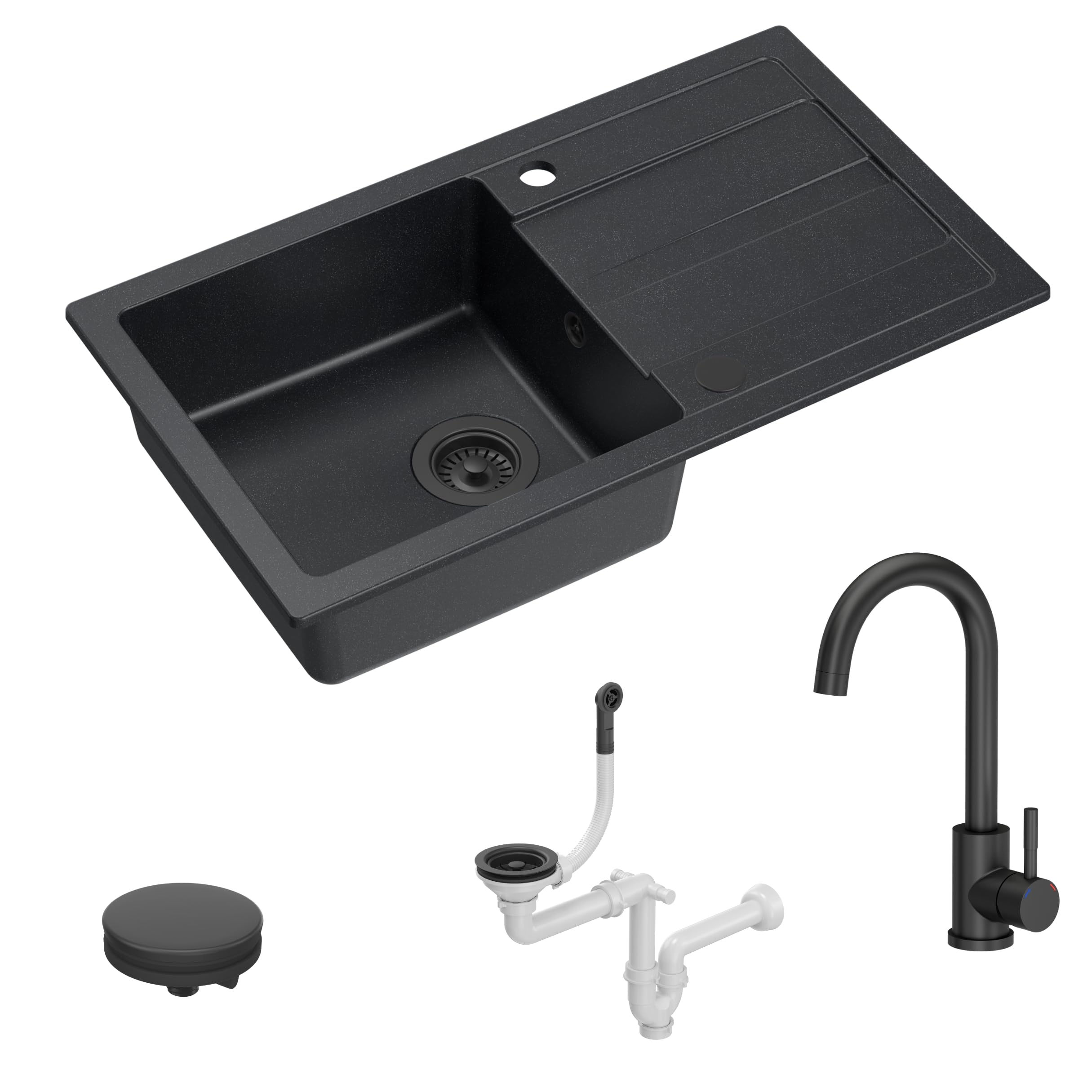 QUADRON Evier granit | Taille 77 x 44 x 17,6 cm Très Noir | GO MAX cuisine