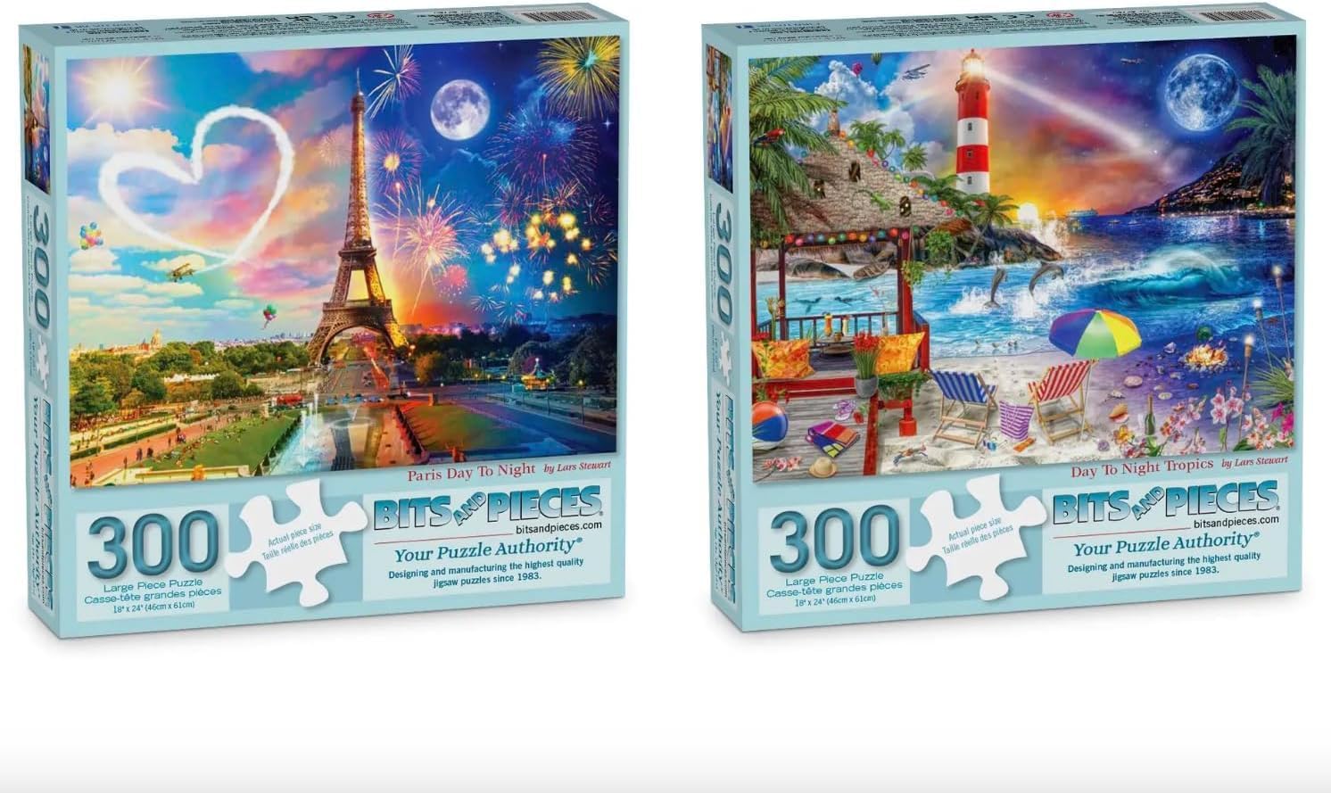 Bits and Pieces 300 Piece Jigsaw Puzzles for Adults - Value Set of 2 - Day to Night Puzzles for Adults Colorful Puzzles Bundle Tropical and Paris - Completed Puzzle Size 18" x 24"