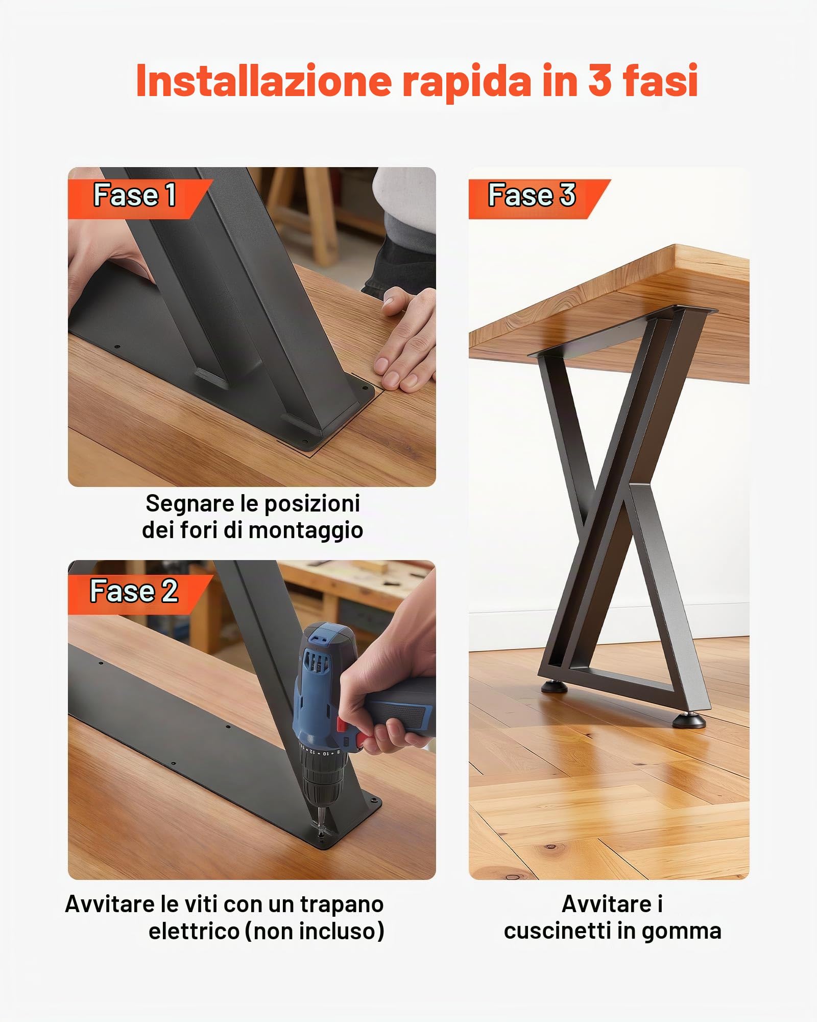 VEVOR Gambe per Tavolo in Acciaio, Gambe per Scrivania Smontabili, Struttura a X Stabile, Installazione Semplice, Carico Massimo di 1000 kg, per Tavoli da Caffè e da Bar, 74 x 61 cm, 2 Pezzi, Nero