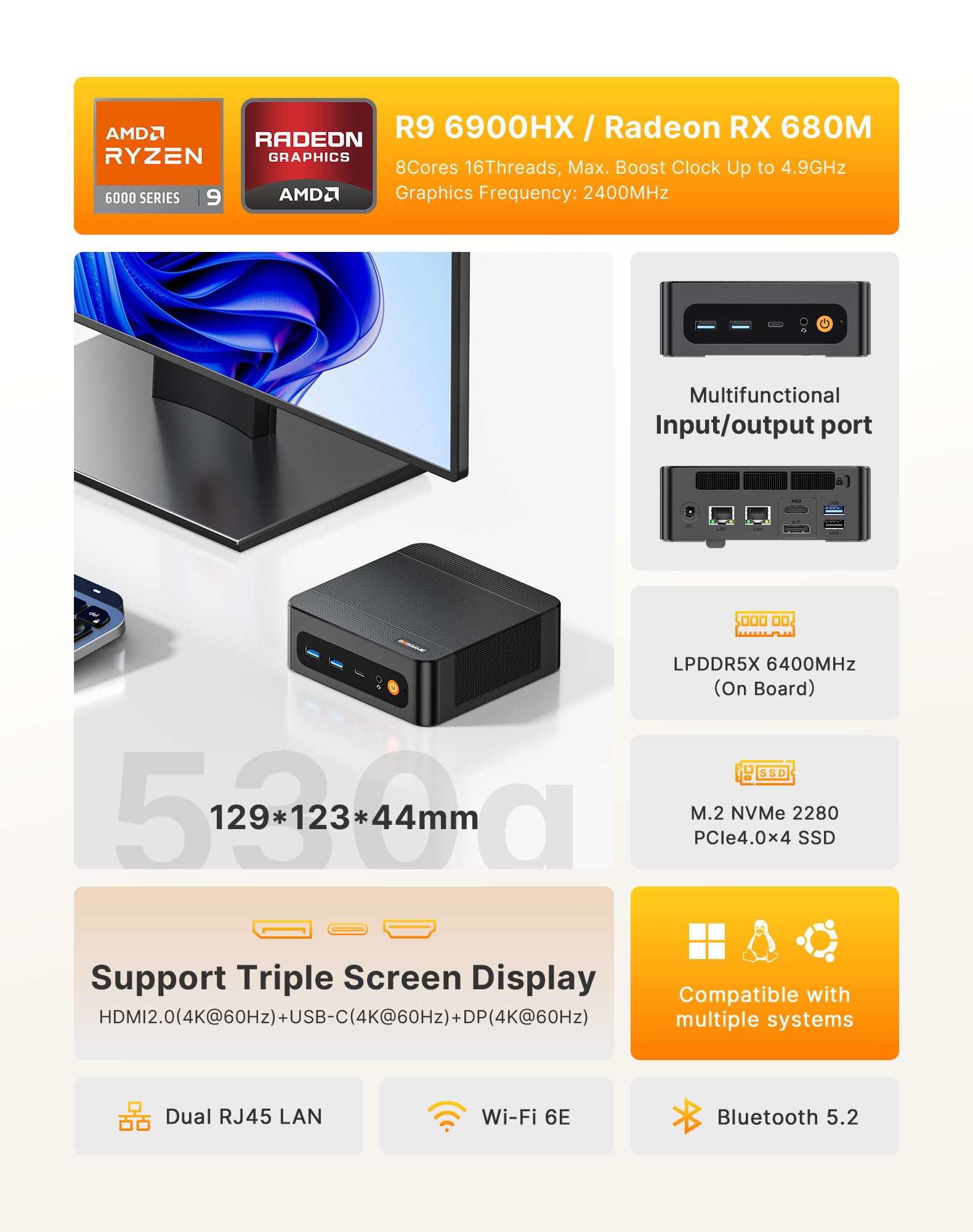 BOSGAME P6 Gaming Mini PC Ryzen 9 6900HX (8C/16T, up to 4.9GHz) Mini PC, 32GB LPDDR5 1TB NVMe SSD Mini Desktop, 1 x Type-C, 1 x DP, 1 x HDMI, Dual RG45 NIC, Wi-Fi 6E, BT5.2 — view 2