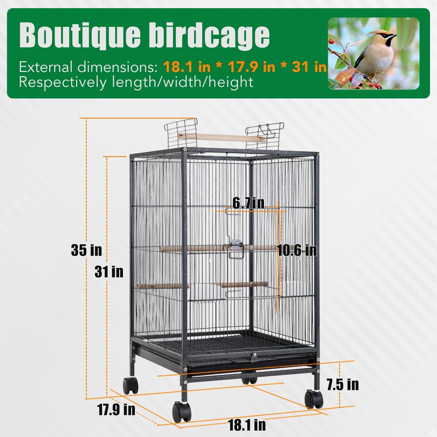 BestPet 35 inch Wrought Iron Bird Cage with Play Open Top and Rolling Stand,Large Parrot Cage Bird Cages for Parakeets,Cockatiel, Canary, Finch, Lovebird, Parrotlet,Pigeons (35 inch)