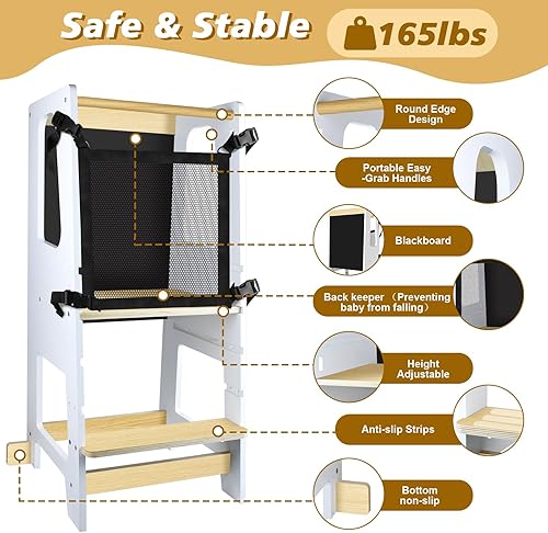 Miniatura 3 de Torre para niños pequeños con altura ajustable y protección antideslizante, taburete para niños pequeños con pizarra de aprendizaje, protección
