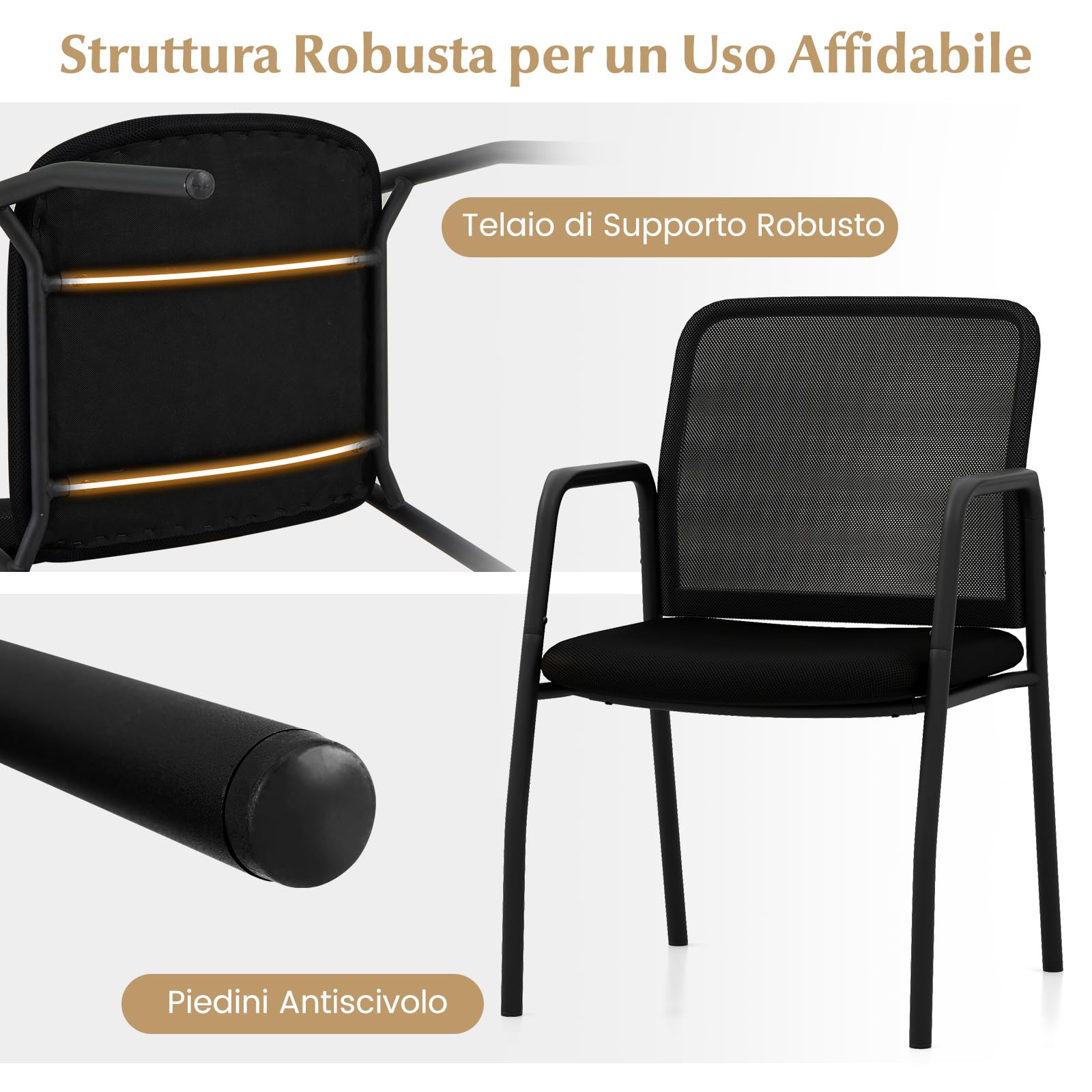 COSTWAY Set di 2 Sedie da Attesa, Sedia da Ufficio con con Schienale in Rete Ergonomico, Sedia da Conferenza con Braccioli e Sedile Imbottito, Portata 150 kg
