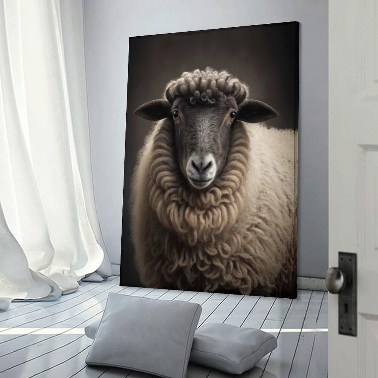 Junmoney Sheep Portrait on Dark Canvas Wall Art 16x24inch(40x60cm), for Study, Office Or Focused Interiors, Home Office Artwork with Decorative Appeal