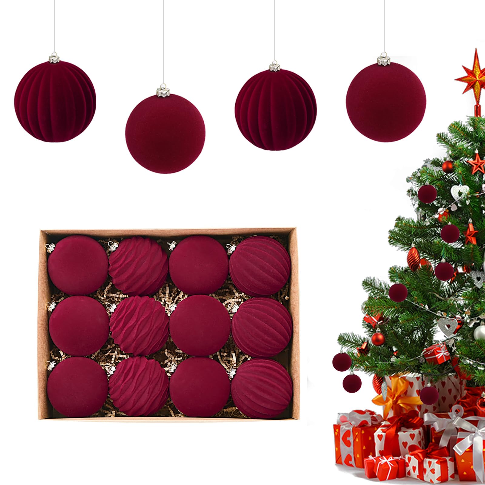 Boules de Noël en velours rouge bordeaux pour sapin chic