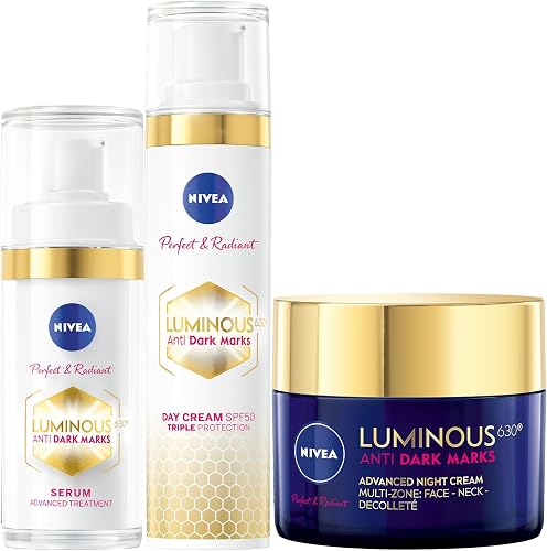 NIVEA LUMINOUS 630 Anti-Dark Marks Bundle: Advanced Treatment Face Serum 30ml, Face Day Fluid Cream SPF50 40ml, Night Cream 50ml