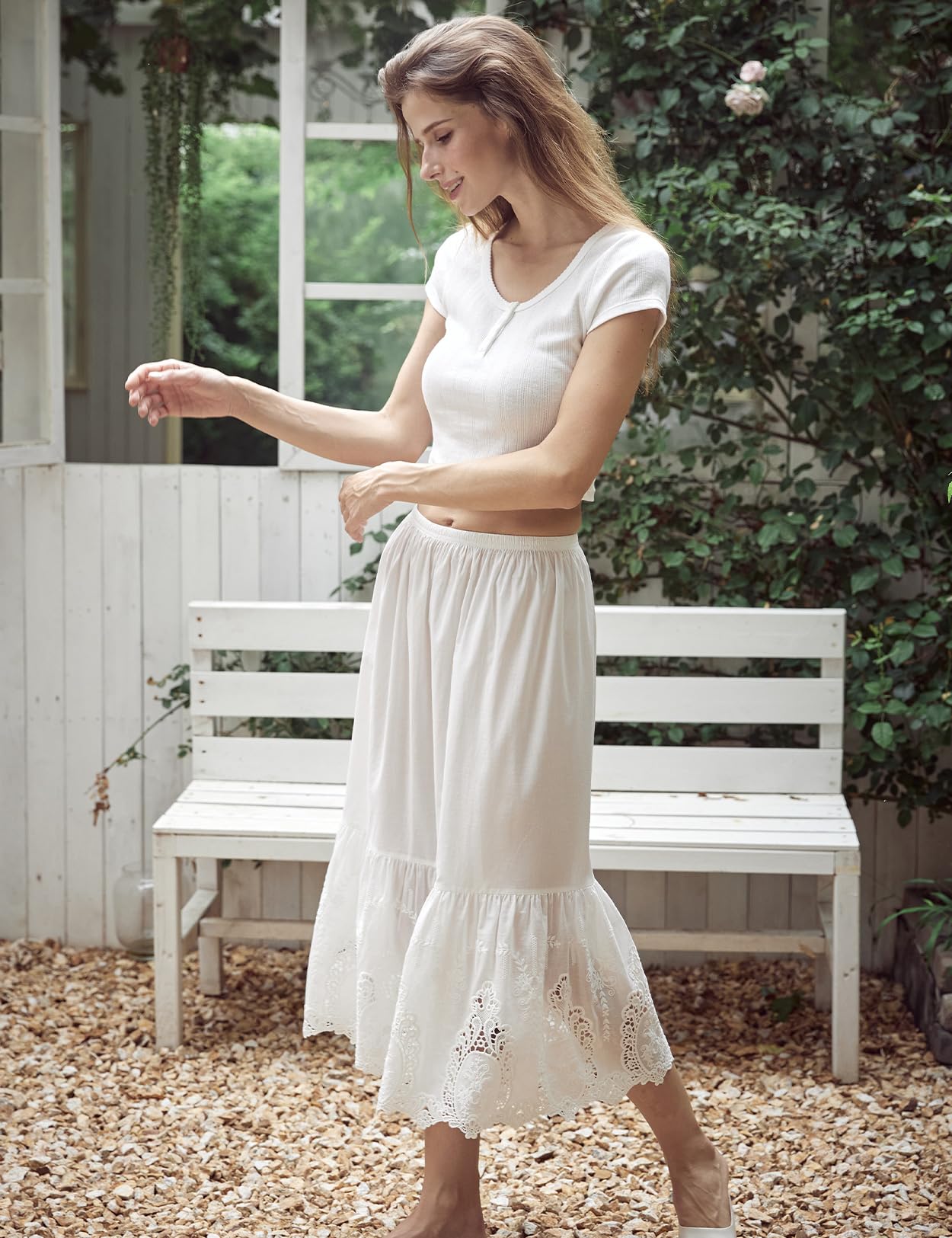 BEAUTELICATE Femme Jupon en Pur Coton sous Jupe sous Robe avec Dentelle Volants Ajourée Fond De Jupe Léger Frais De Été Printemps Midi Longue Blanc cassé