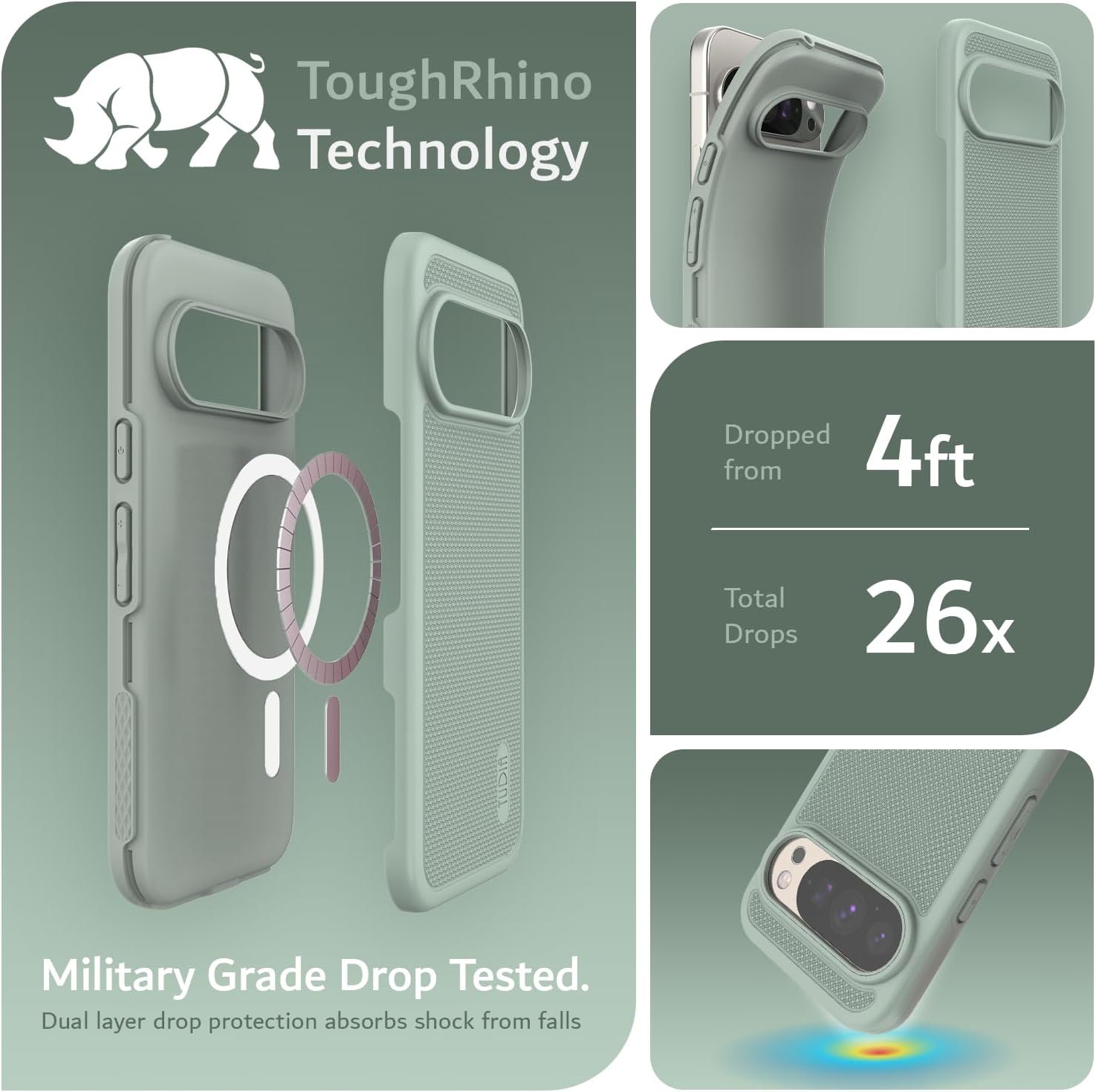 TUDIA MergeGrip [Compatible with Magsafe & Pixelsnap] Cases for Google Pixel 10 / Pixel 10 Pro Case 2025 – [Military Grade Drop Tested] Dual Layer Slim Shockproof Heavy Duty Protection - Green Lily