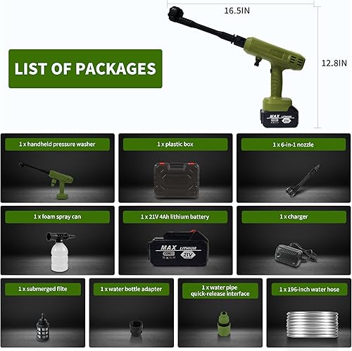 Miniatura 8 de Lavadora a presión inalámbrica, lavadora portátil de 1200 PSI con batería y cargador de 4 Ah, boquilla 6 en 1, manguera de 16.4 ft, lavadora de mano