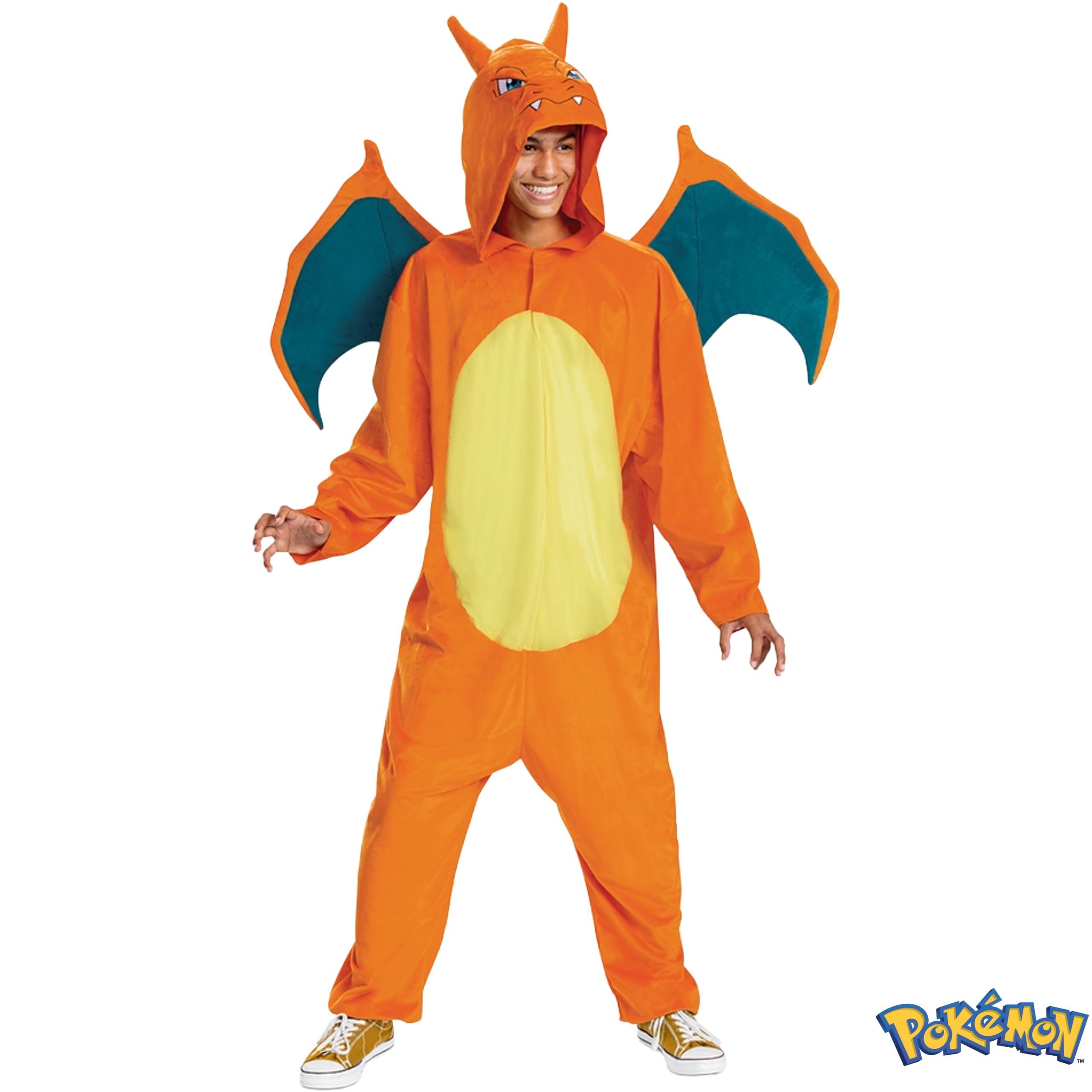 Pokémon Charizard kombinezon dla dorosłych, unisex, oficjalna licencja Pokémon, fantazyjna sukienka dla dorosłych, zawiera odpinane skrzydła i szczegółowy kaptur z tkaniny z rogami, S, M, L/XL