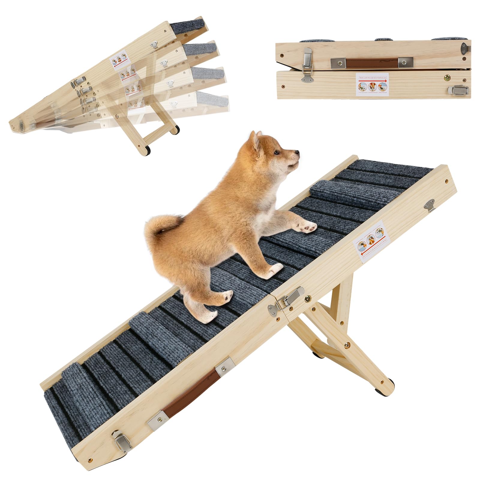 Rampa para perros, escalera de madera para perros pequeños y ancianos, ajustable 20-45 cm, con alfombrilla tritt antideslizante, rampa para mascotas, plegable, portátil, para cama o sofá/coche