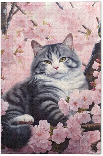 Cherry Blossoms Cat Jigsaw Puzzles 500 Pieces for Adults,Learning Educational Puzzles,Difficult and Challenge Families Toys with Mesh Storage Bag