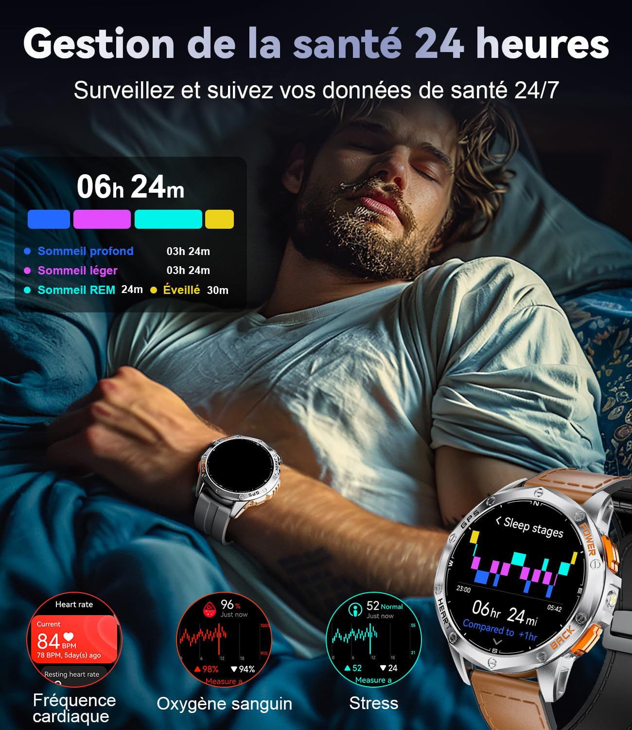 Montre Connectée 48mm 1,43" AMOLED 10ATM Étanche Militaire avec Baromètre, Boussole, Fréquence Cardiaque, SpO2, Sommeil, 530mAh Batterie pour Android iOS