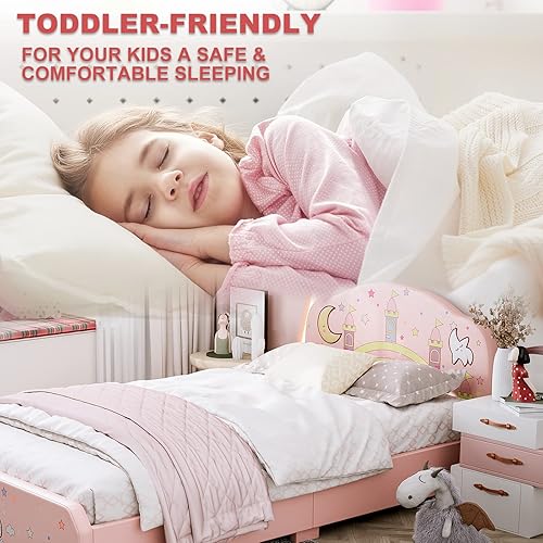 Miniatura 5 de IKIFLY Cama infantil de tamaño individual, base de cama tapizada con cabecera curvada, cama de princesa rosa para niñas y adolescentes, no necesita