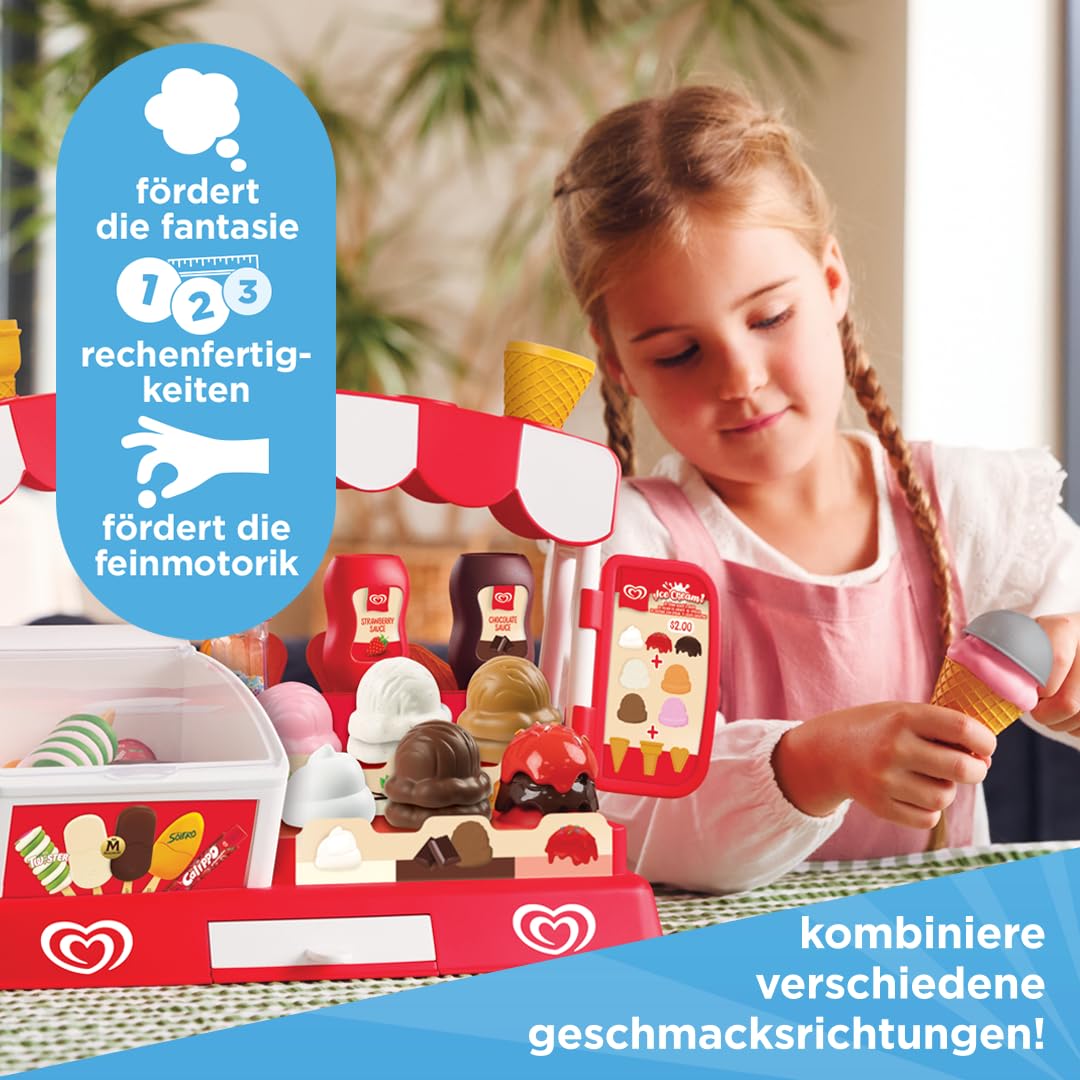 Authentisches Langnese Eisdielen-Spielset von Casdon | Spiel-Eisstand für Kinder ab 2 Jahren | Mit Eistruhe, Eiskugel-Theke, Spielgeld und über 35 Teilen