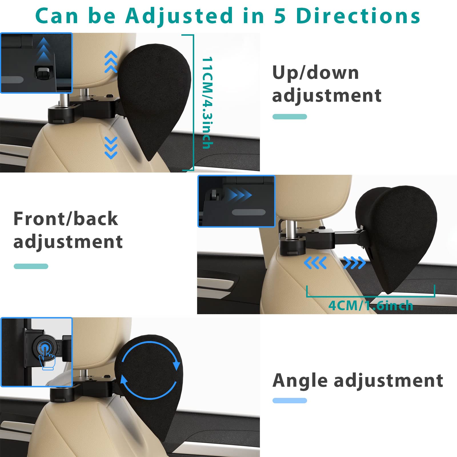 Almohada para el cuello del coche, almohada para reposacabezas de coche, ajustable en 5 direcciones, almohada de apoyo para el cuello para asiento del conductor, cojín de apoyo cervical de espuma